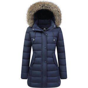 Women's Winter Navy Jacket Warm Long Puffer Coat Waterproof Parka